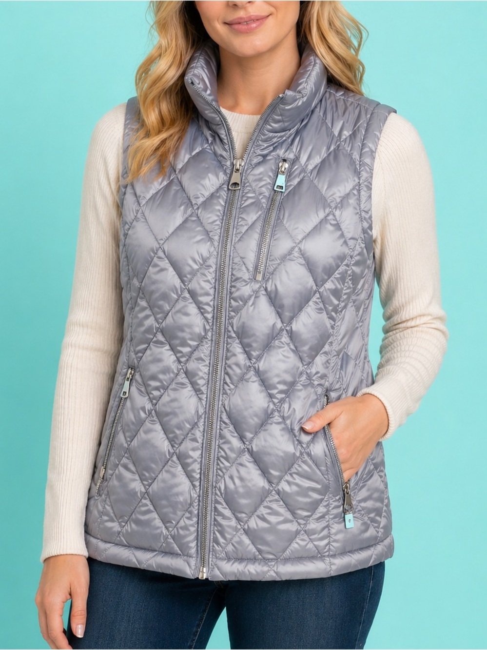 Calvin Klein Silver Down Puffer Vest Women L Quilted Lightweight